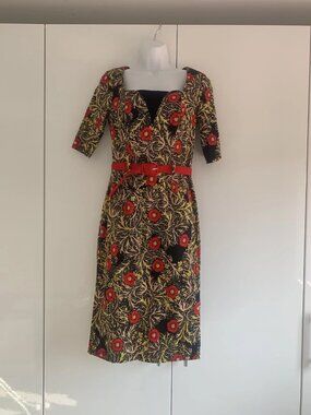 Joe Browns Womens Pencil Dress Size 10 Red Black Gold Retro 70s Boho 80s Festiva
